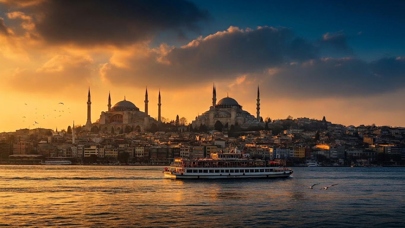 Istanbul skyline at golden hour with Hagia Sophia, Blue Mosque and Galata Tower over the Bosphorus
